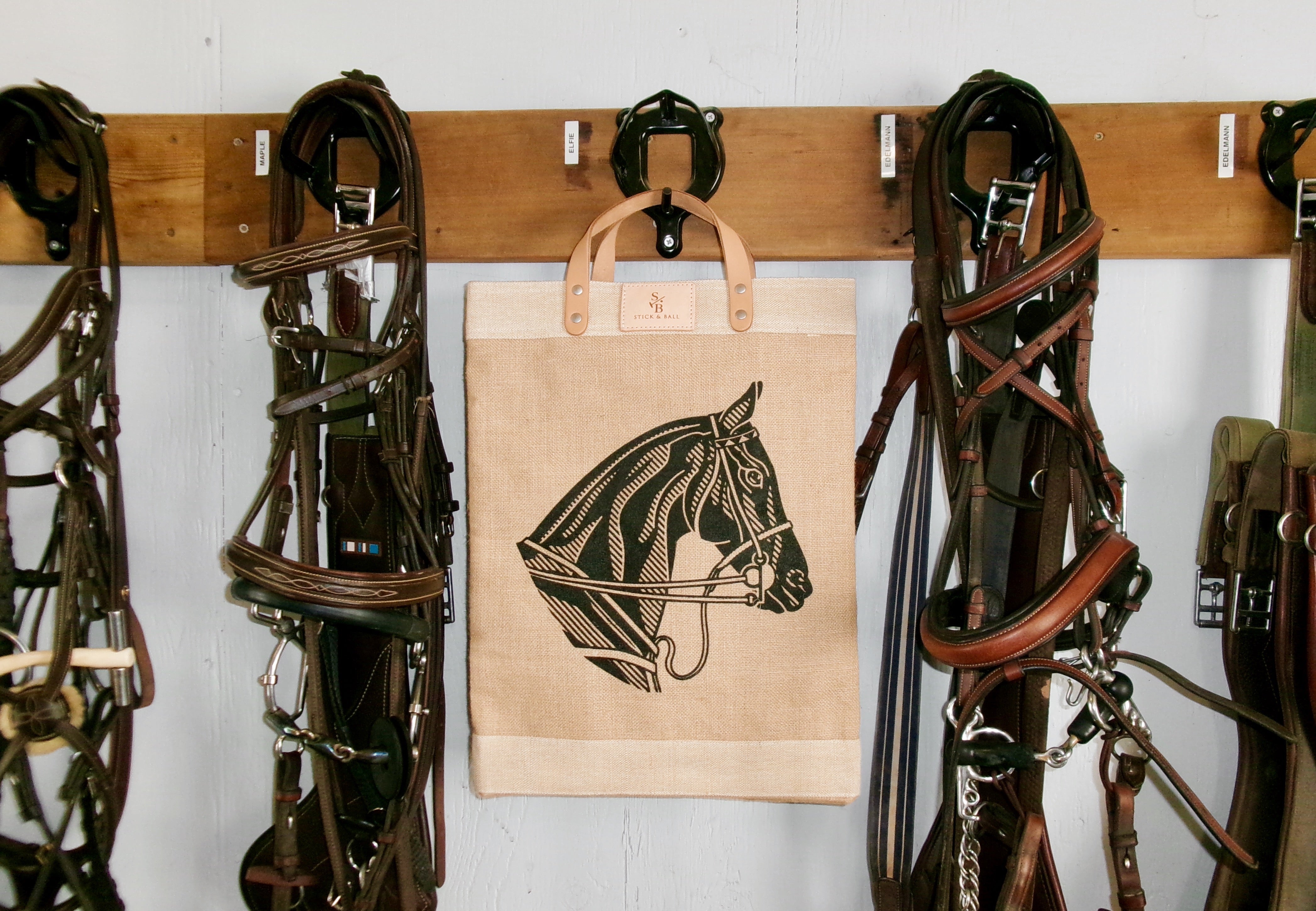 Stick and Ball x Apolis Market Bag hanging with tack