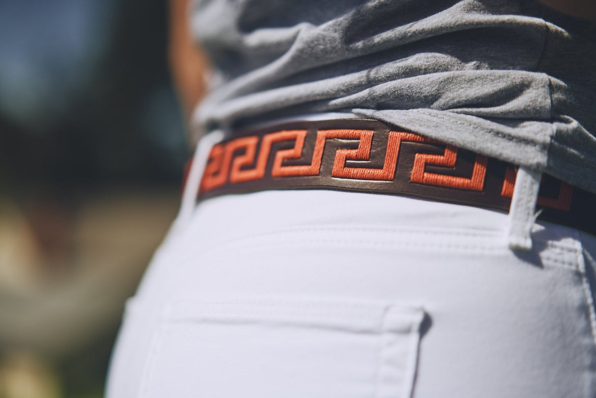 Stick and Ball Inca stitch belt dark brown and coral close-up detail fall wardrobe