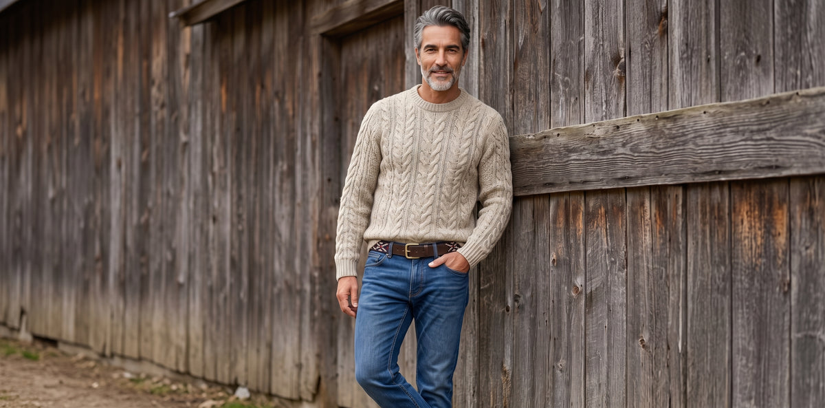 Man leaning next to older barn with a cableknit sweater and a Stick & Ball Cinta Pampa Leather Polo Belt on. His hand is in his pocket and he is wearing blue denim.