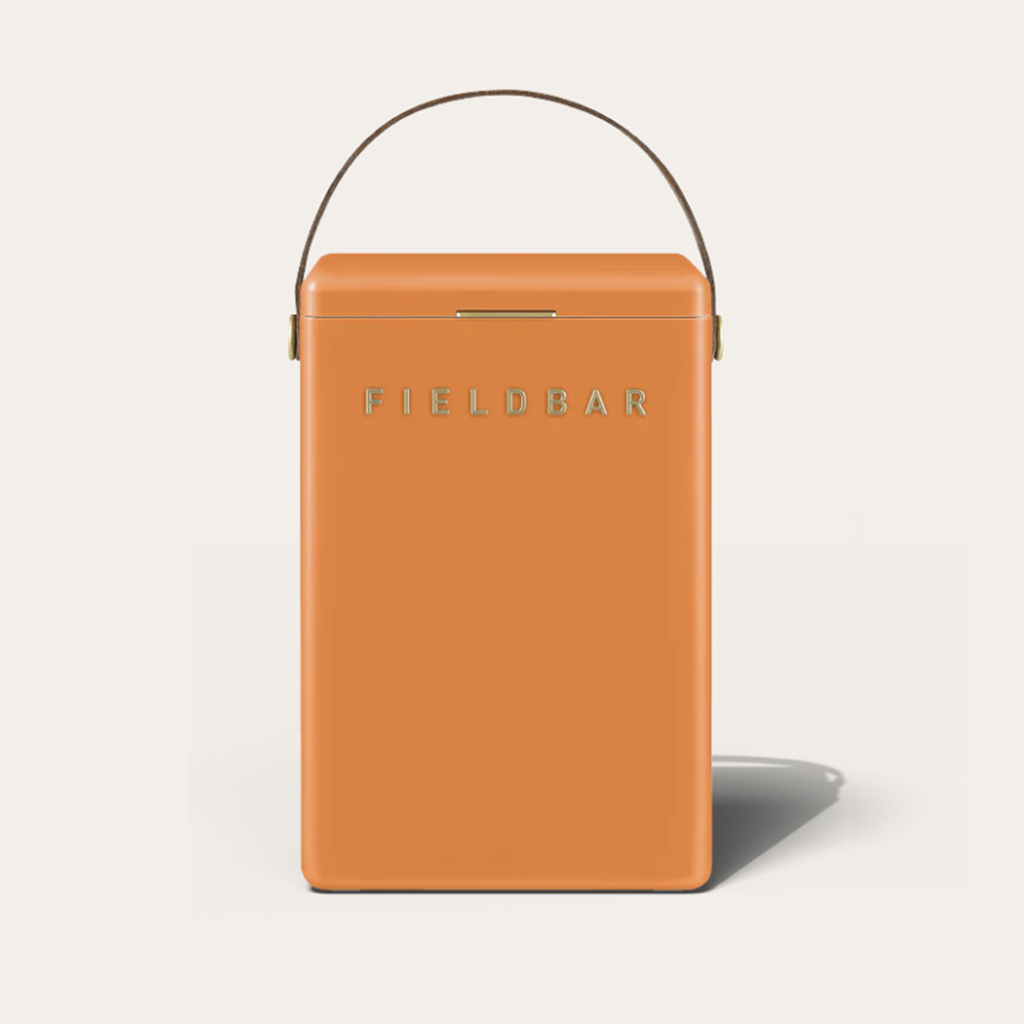 Orange cooler with 'FIELDBAR' branding on a light gray background