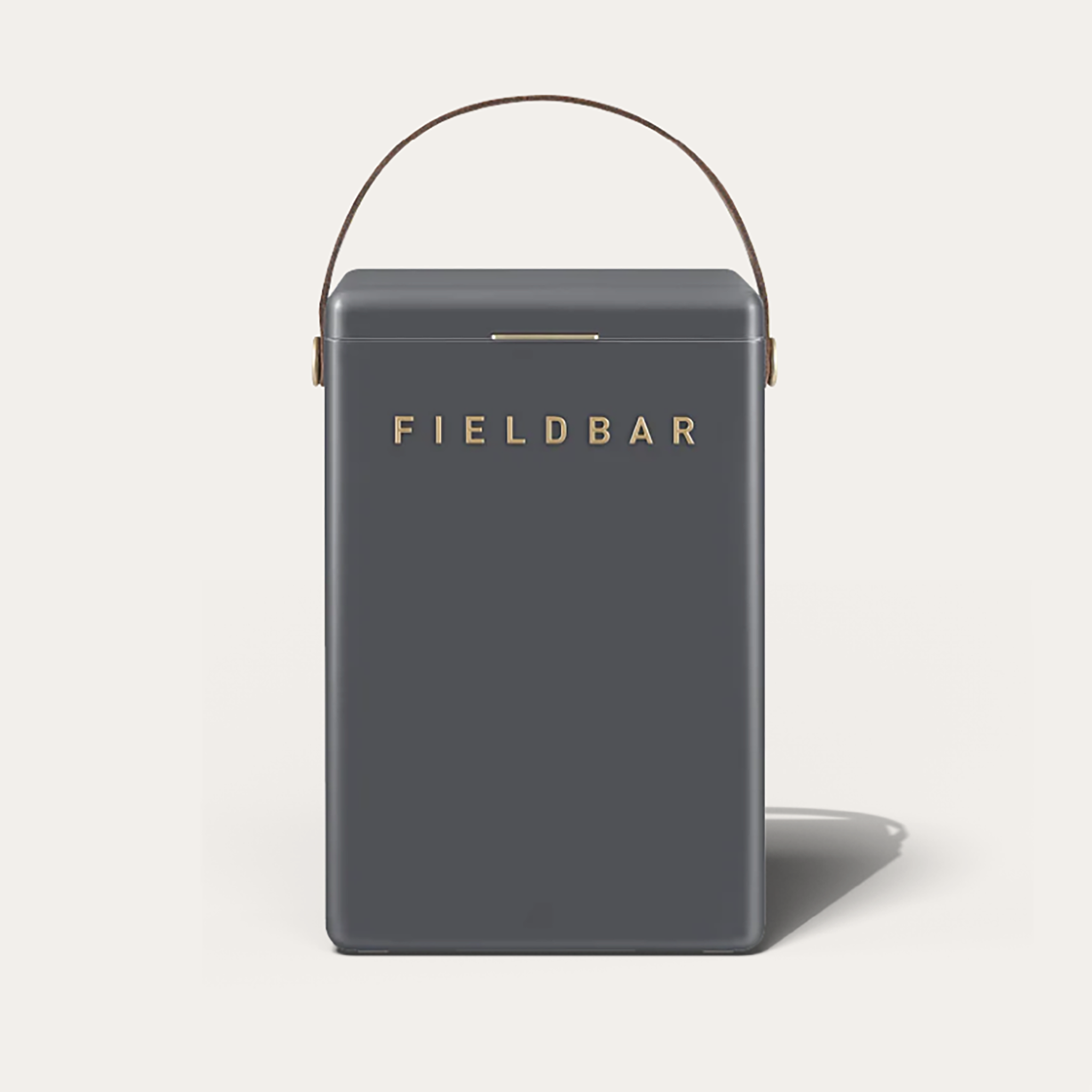 Gray cooler with 'FIELDBAR' branding on a light gray background