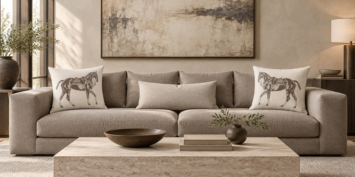 A modern gray fabric sofa in a styled living room, two pillows on either side of the sofa with a chocolate brown polo pony jacquard illustration. A matching light gray accent pillow is placed in front. A luxury home setting with an equestrian accent.
