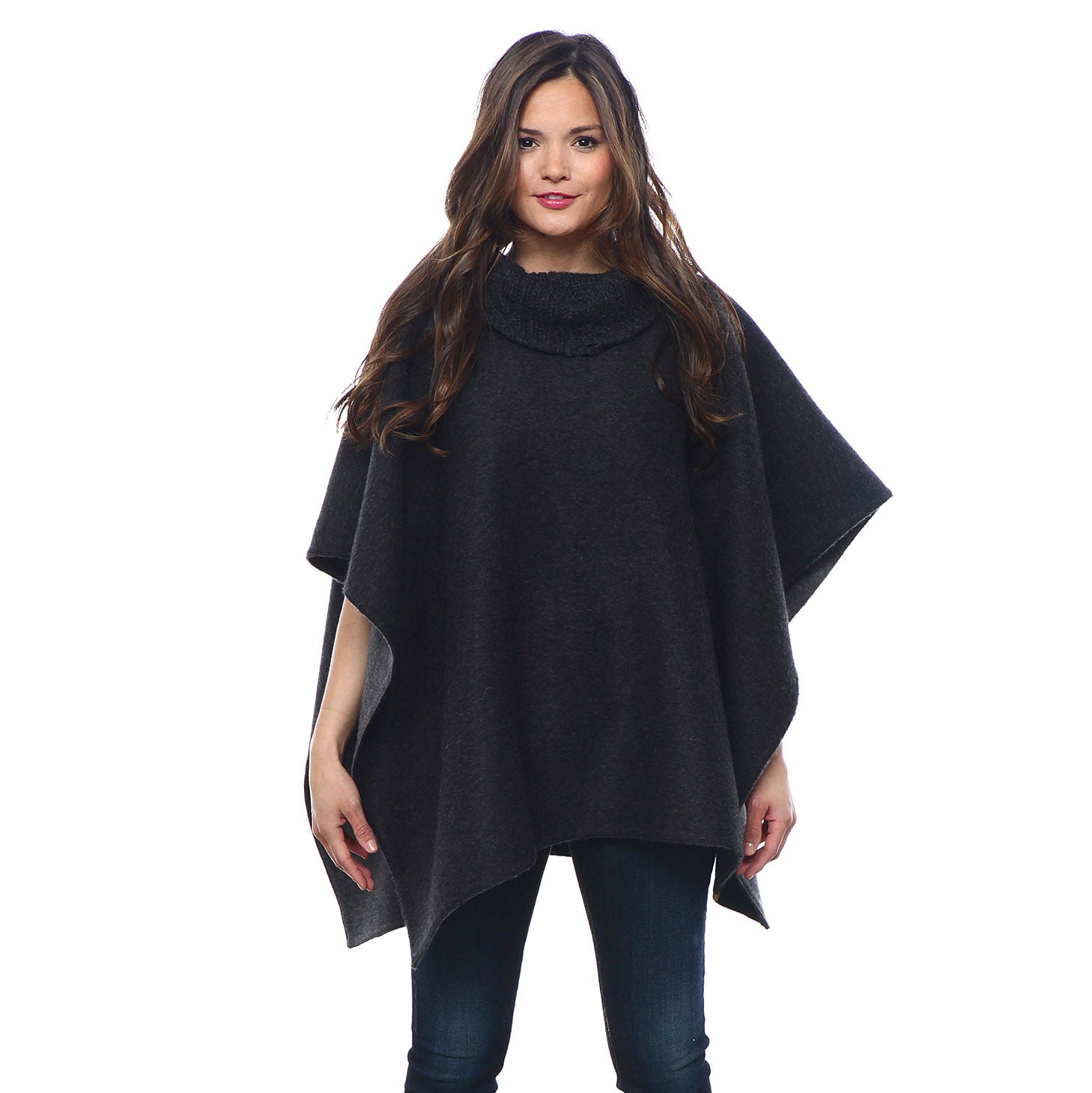 woman-wearing-the-stick-and-ball-womens-apparell-reversible-alpaca-knit-collar-poncho-charcoal-heather-grey