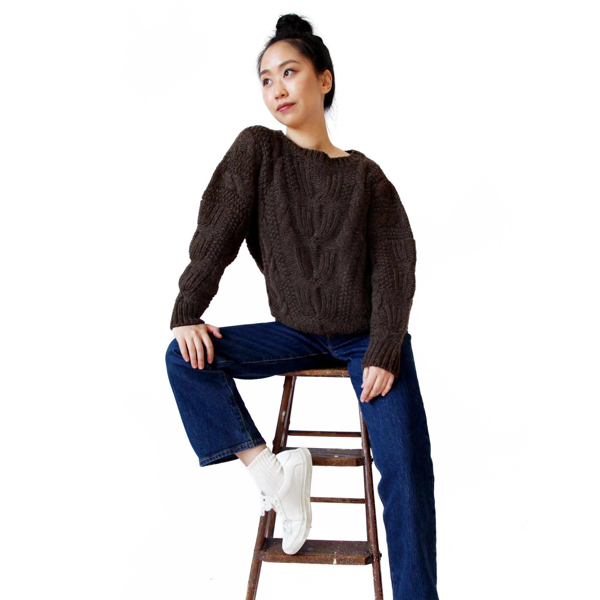 woman-wearing-stick-and-ball-alpaca-knitwear-sarah-cable-espresso-brown