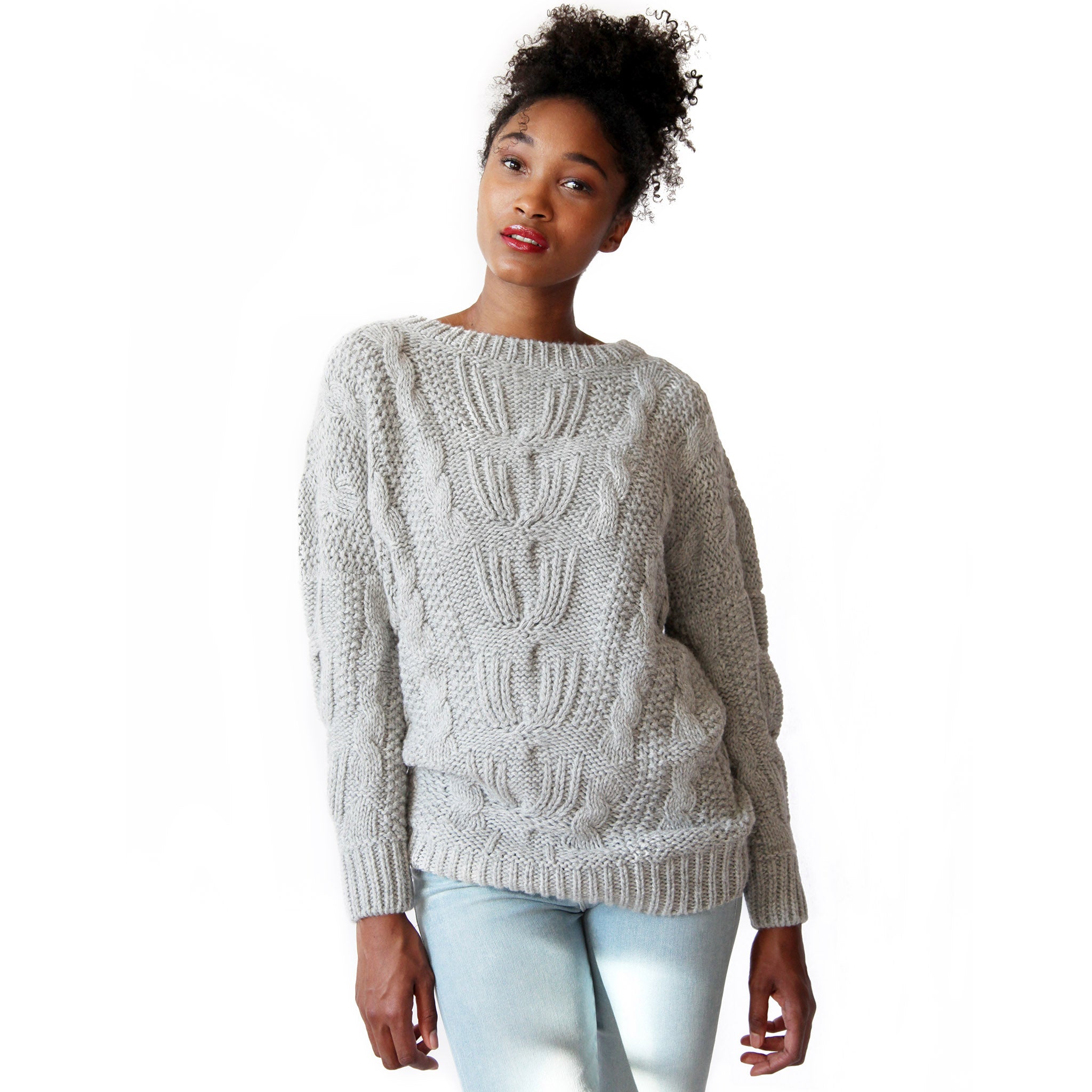 woman-wearing-stick-and-ball-alpaca-knitwear-sarah-cable-silver-grey
