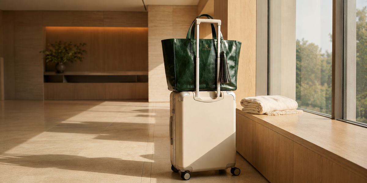 A dark green leather tote bag, the Wellington Weekender, sits on top of a cream-colored rolling suitcase in a modern, a cream wrap folded on the bench, in a sunlit hotel lobby or lounge area.