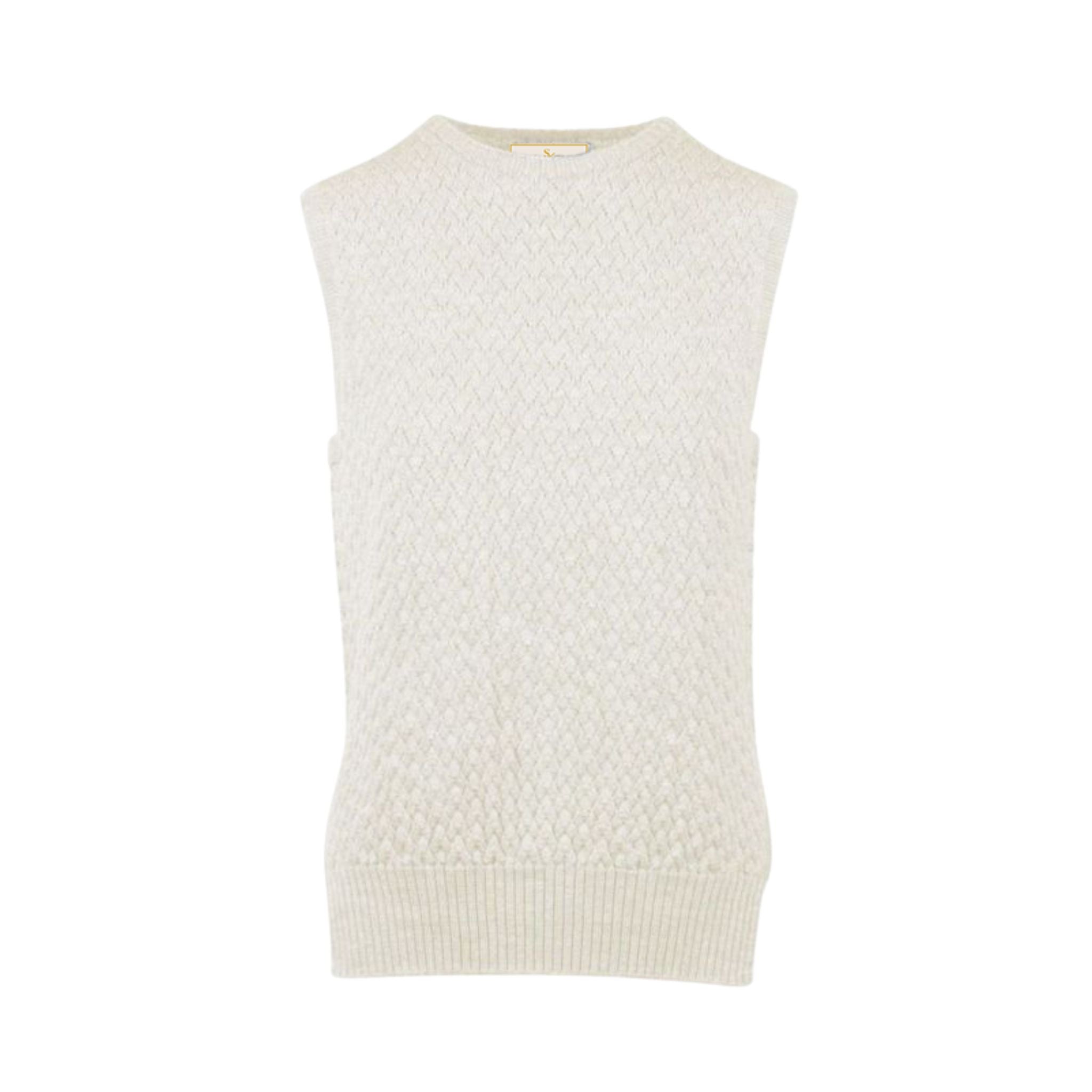 White sleeveless knitted top on a white background