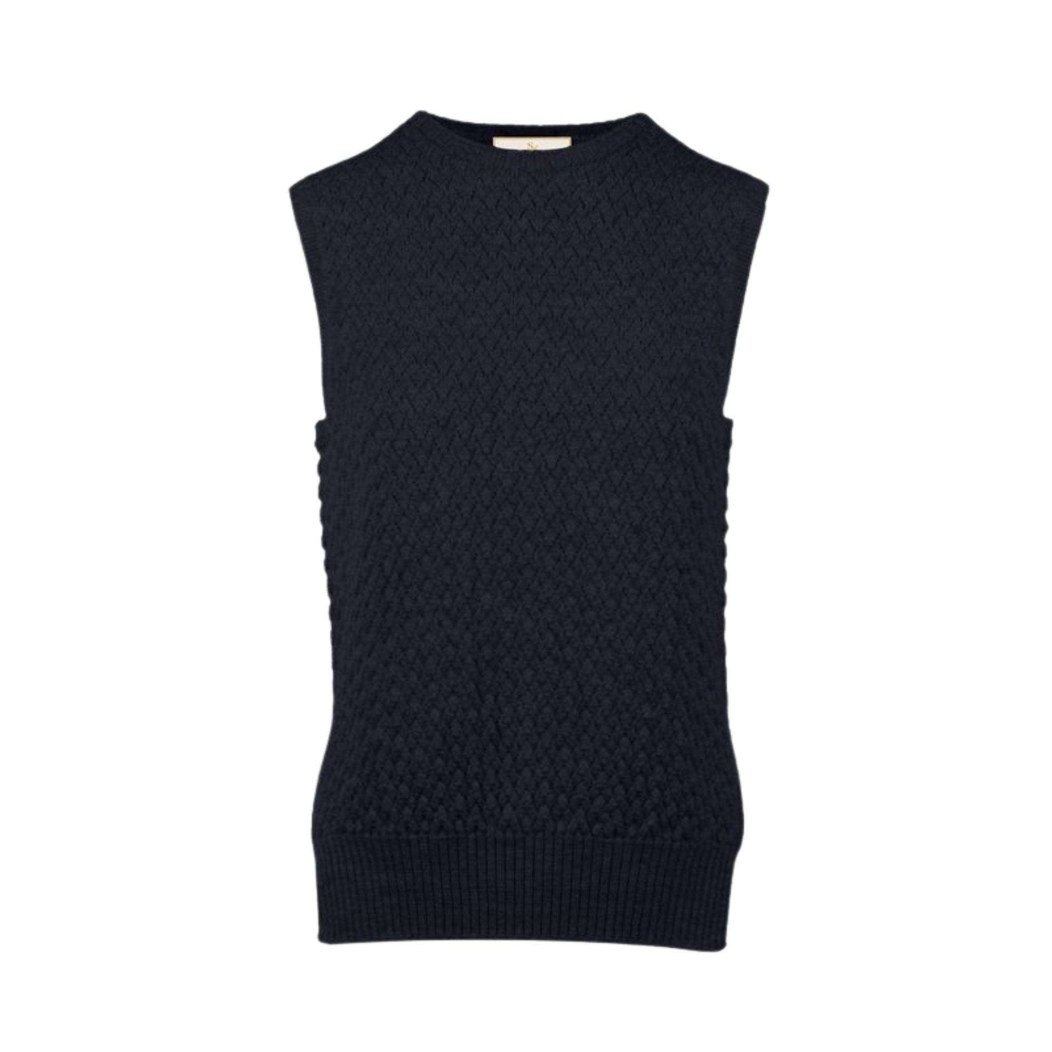 Black sleeveless knitted sweater on a white background