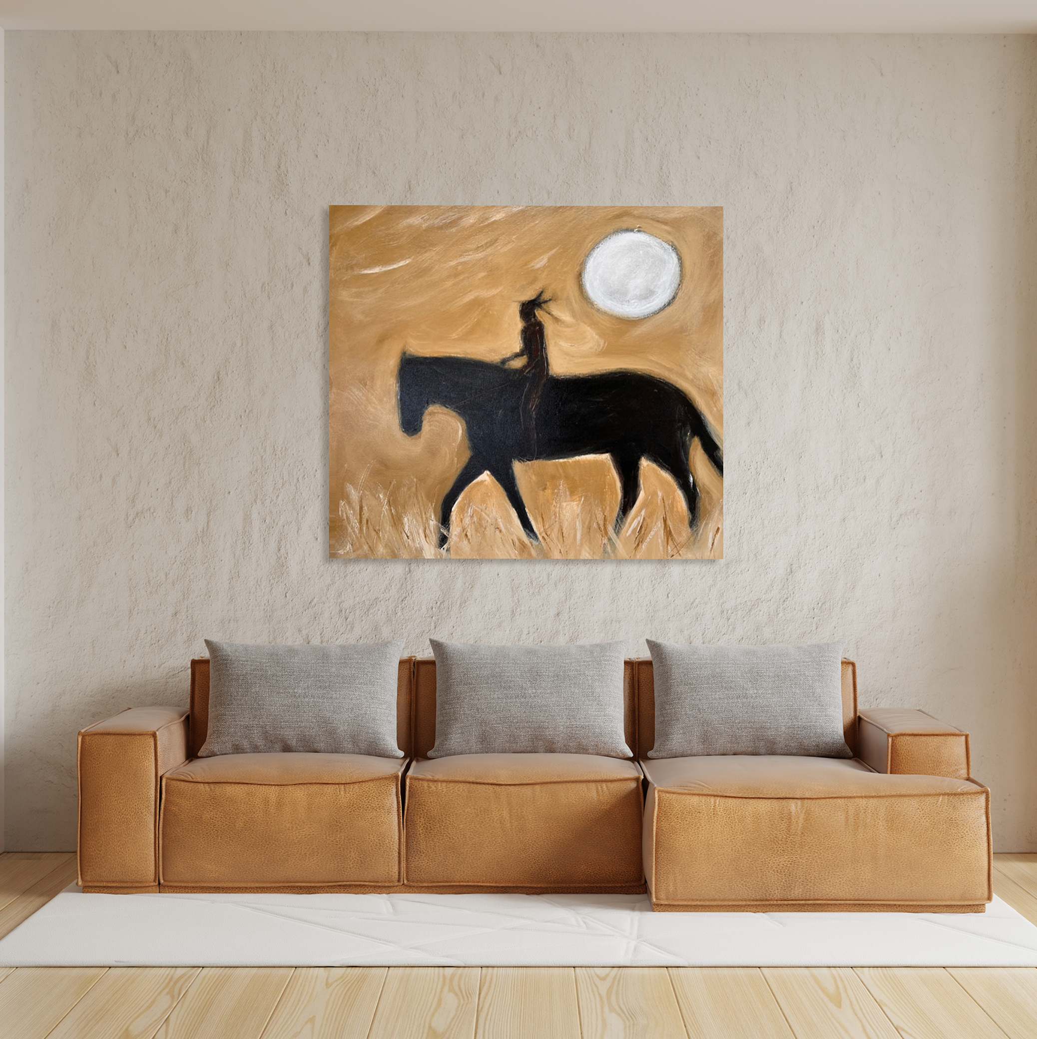 living-room-with-a-fine-art-painting-of-a-woman-riding-a-horse-by-karen-bezuidenhout