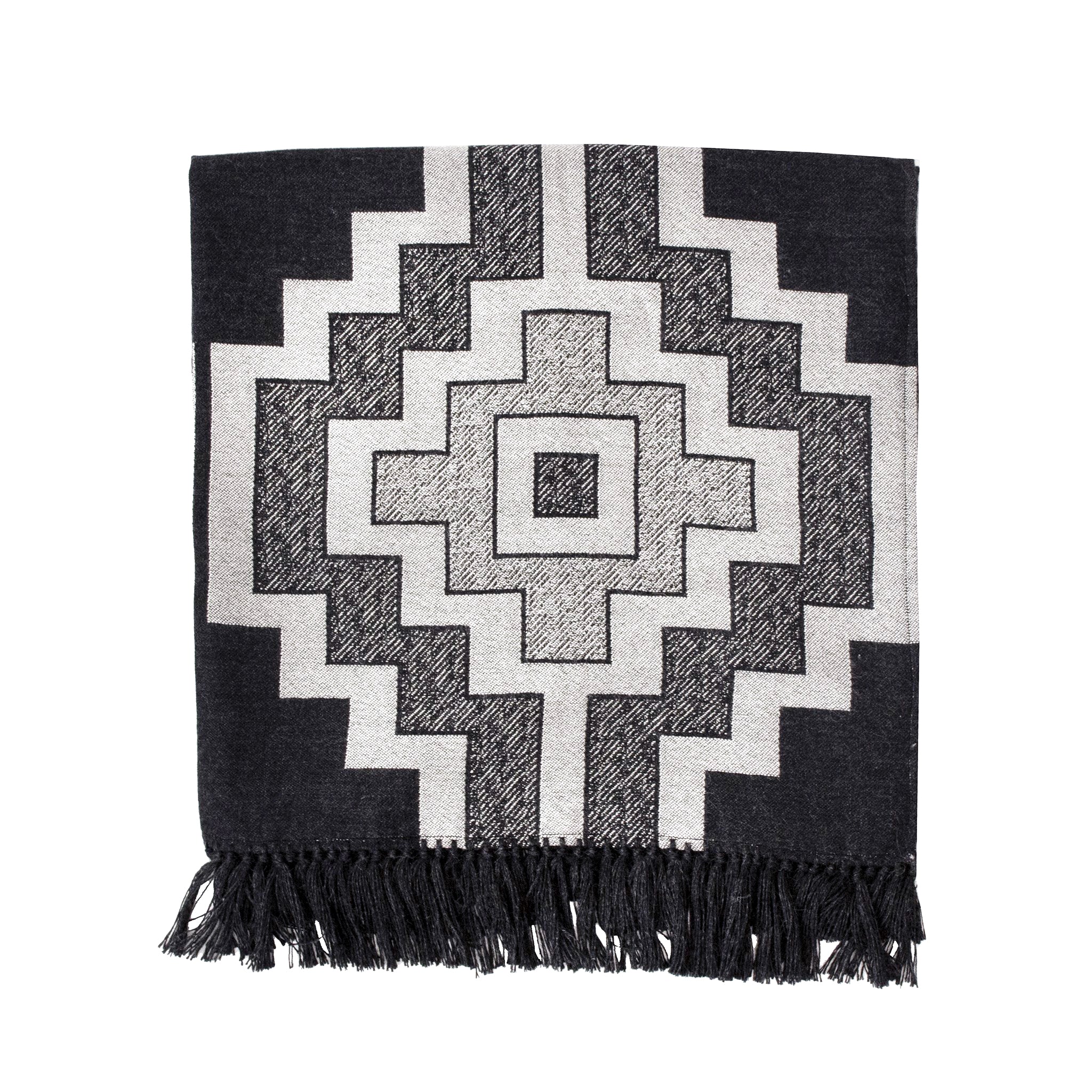 Jacquard-loomed Pampa Design Alpaca Throw Blanket, folded - Charcoal & Ecru - Stick & Ball