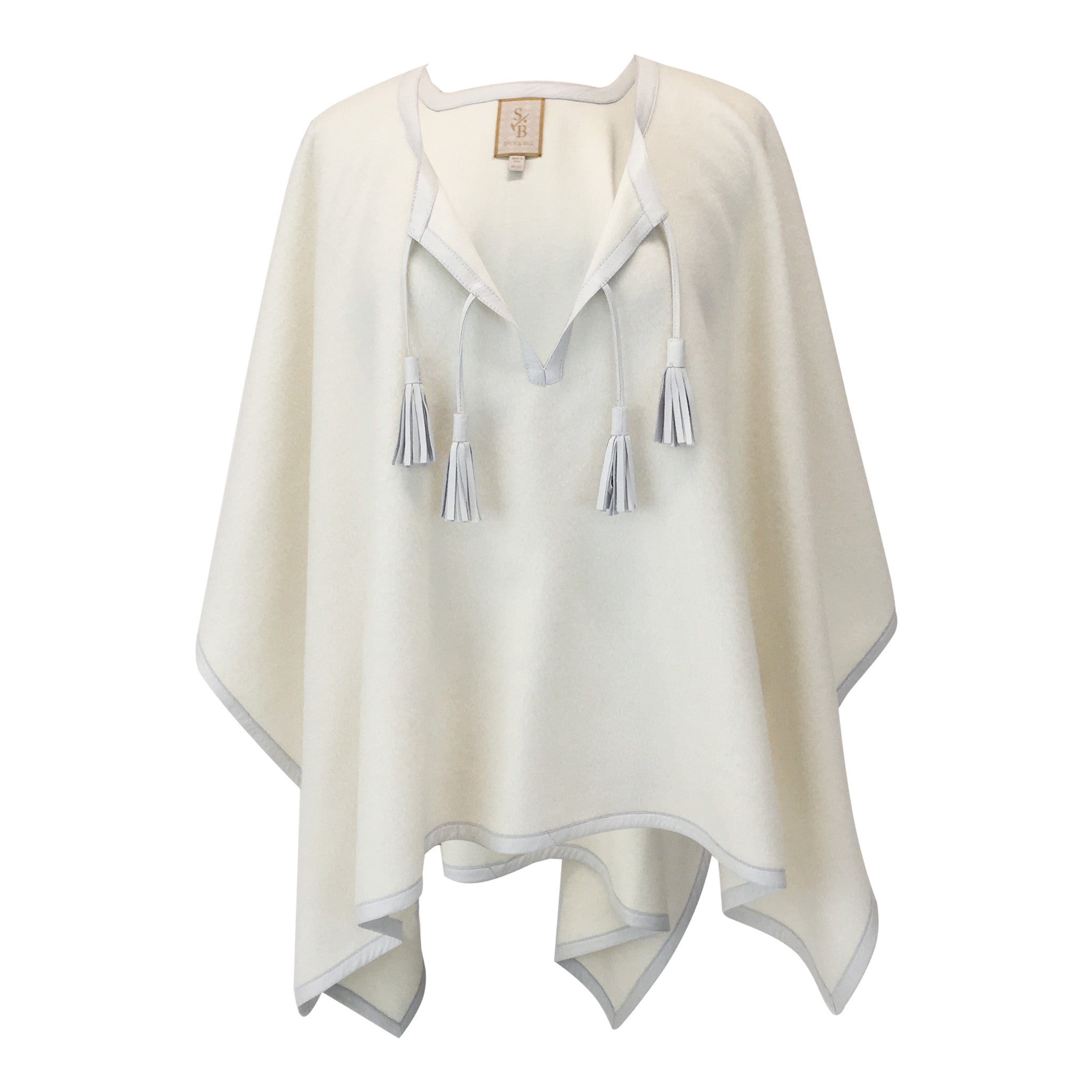 Stick & Ball-Leather Trim Tassel Alpaca Poncho-Apparel-Creamy White with Stone Trim