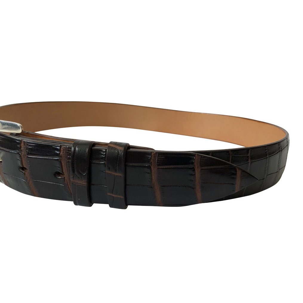 Stick & Ball unisex designer multi brown croc belt wide - side view of tongue