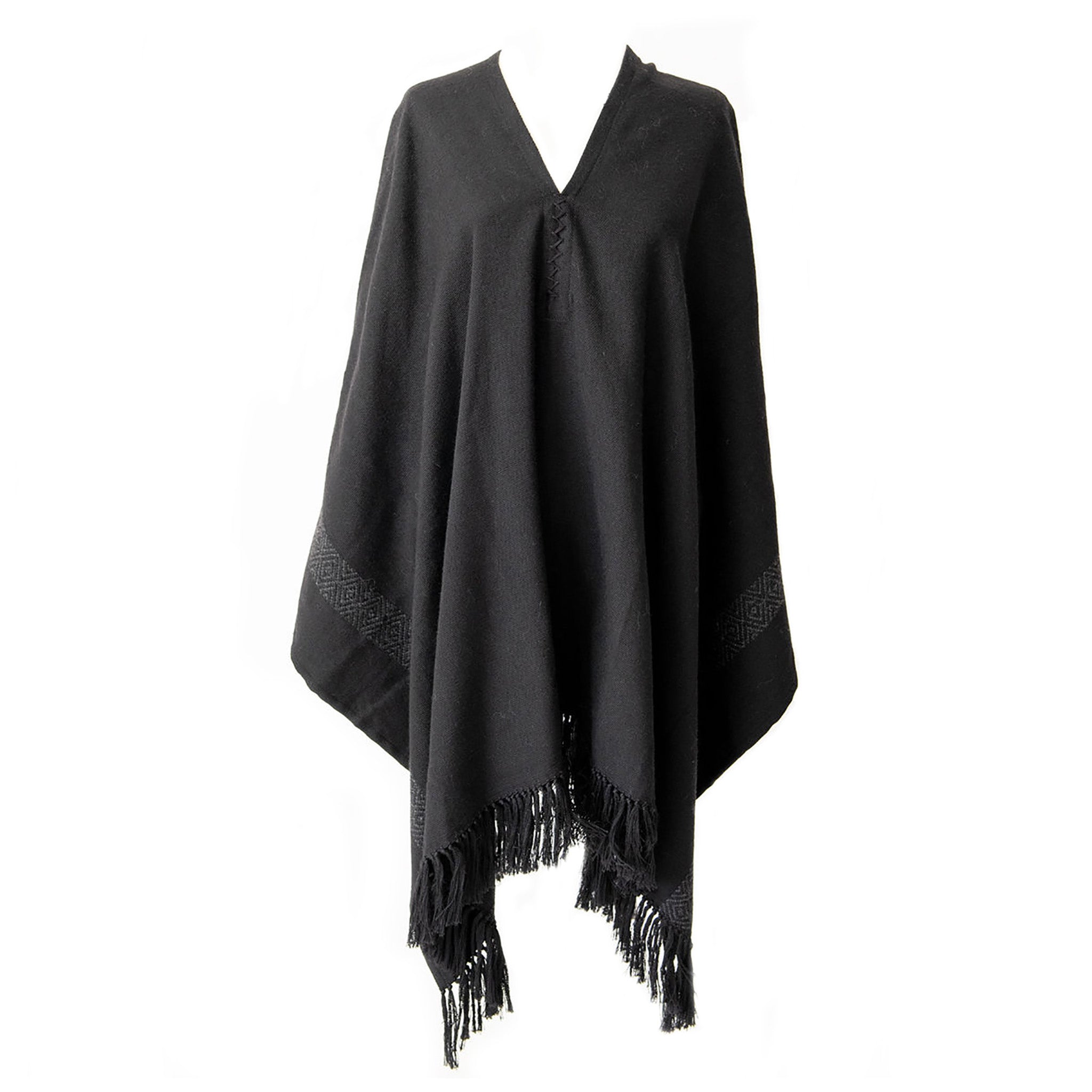 Black Handwoven Alpaca Pilar Poncho with Fringe - Stick & Ball