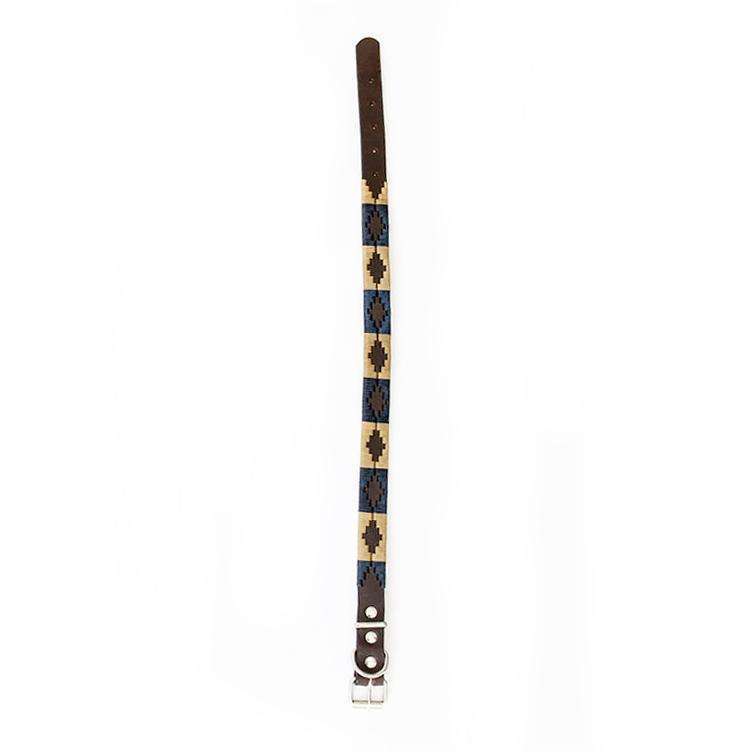 Hand-stitched Argentine Pampa Dog Collar - Blue & Beige - Stick & Ball
