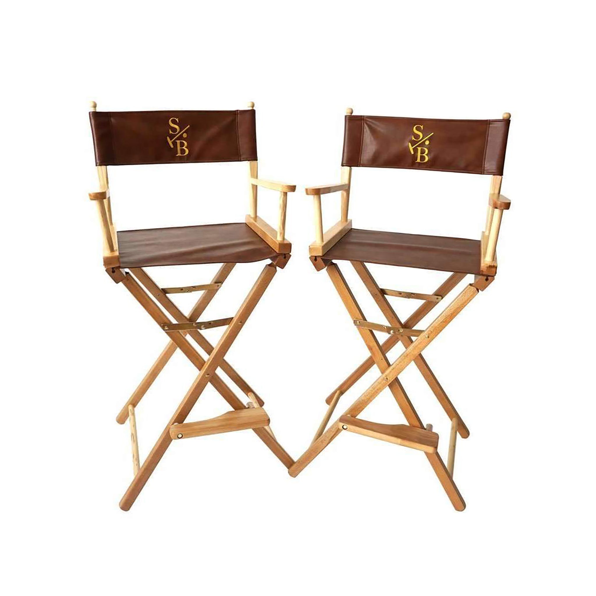 Two Bar Height Director's Chairs, leather with gold embroidered Stick & Ball Logo