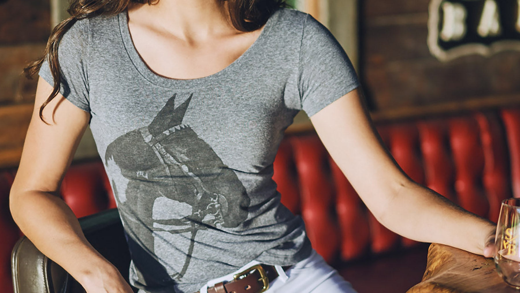 Collection image for Women's Equestrian Tees - Model wearing tobiana horse head t-shirt in charcoal