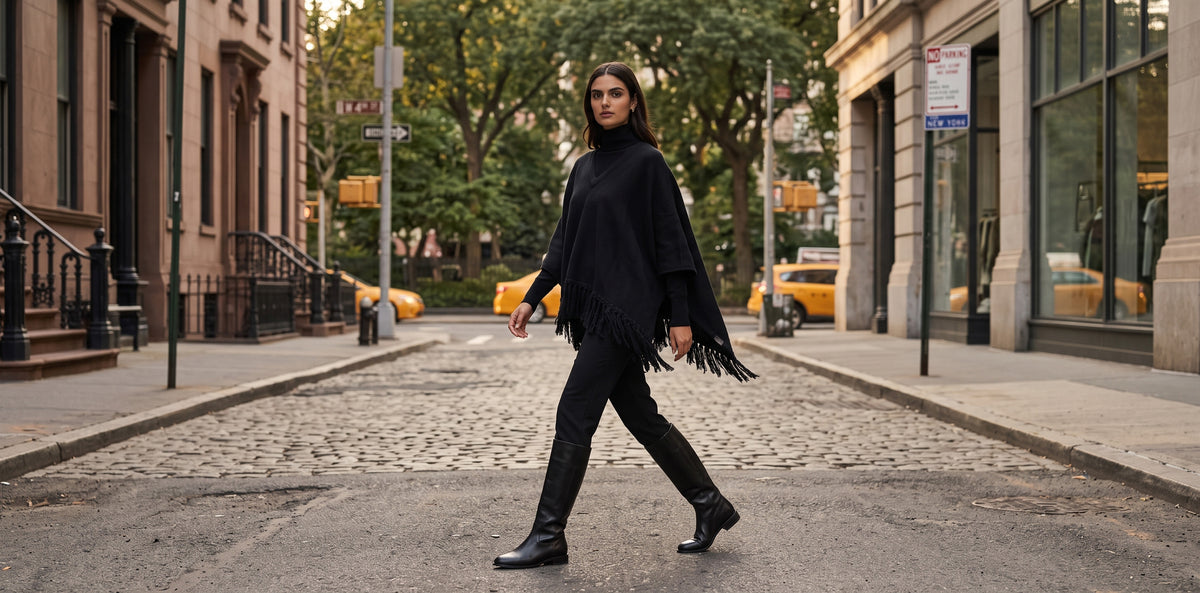 A woman walks across a city street wearing a luxury cropped black poncho with fringe, black pants, and black knee-high equestrian boots. The background shows urban buildings in New York, trees, and yellow taxis.