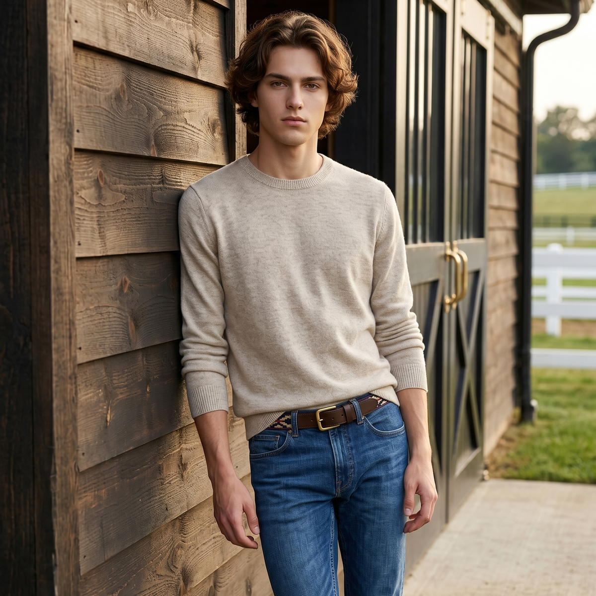 A young man stands outdoors against a rustic wooden stable wall, wearing a light beige crewneck sweater, blue jeans, and a Stick & Ball brown Cinta Pampa Polo Belt.