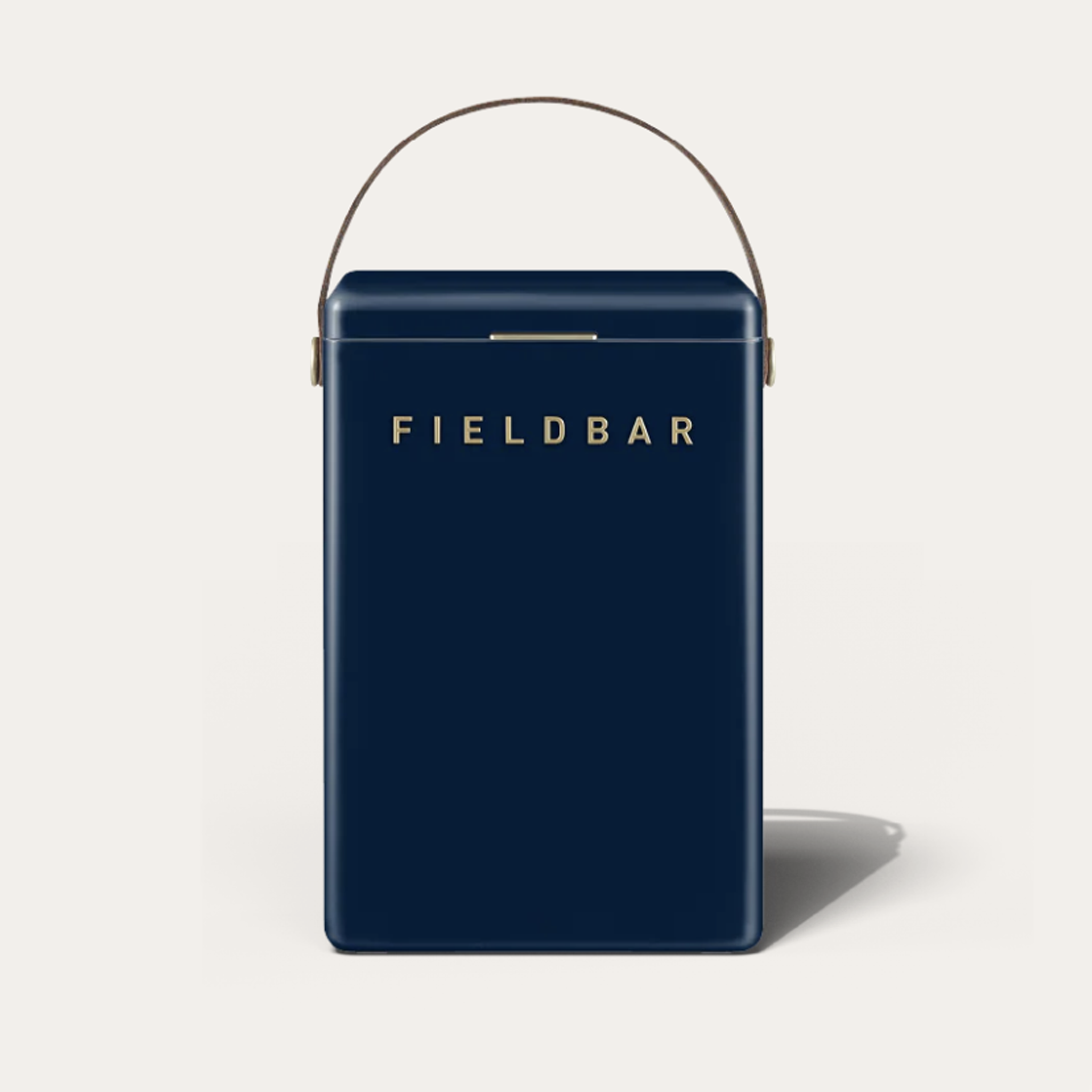 Navy blue cooler with 'FIELDBAR' branding on a light gray background