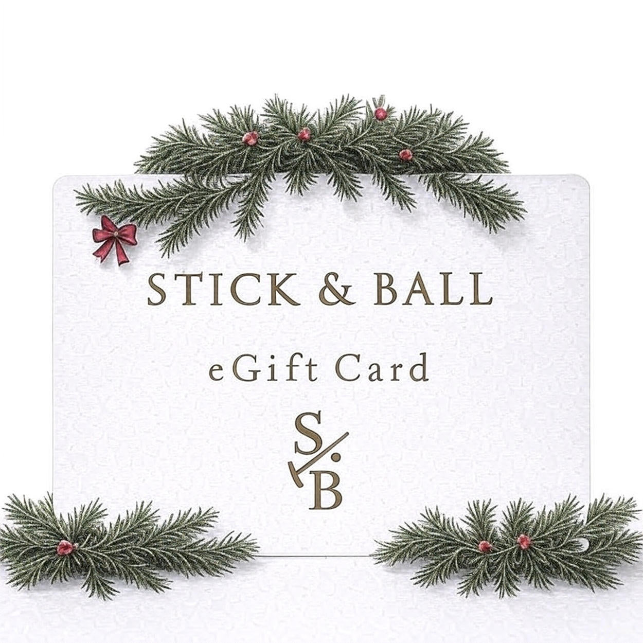 Gift card with decorative greenery and 'Stick & Ball' branding on a white background