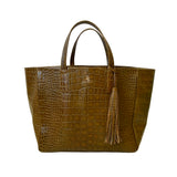 Stick & Ball The Faux Coco Italian Leather Weekender Bag in olive green debossed with a Nile Croc pattern by hand