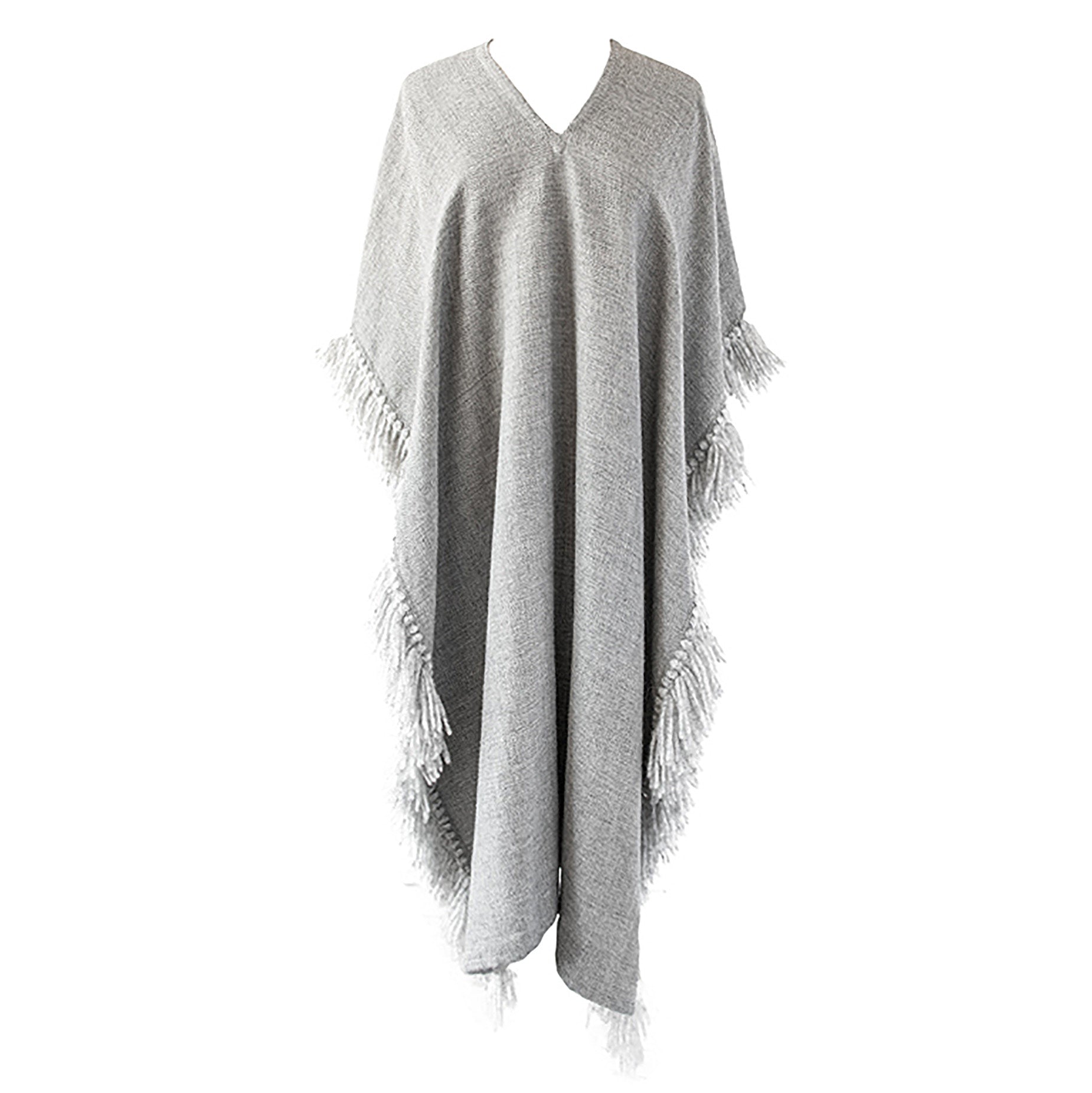 Stick & Ball-Long Fringed Alpaca Poncho-Apparel-Light Grey
