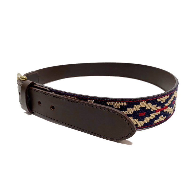 Stick & Ball Cinta Pampa Polo Belt featuring vegetable tanned leather, tri-color weave and solid brass buckle - tongue side view