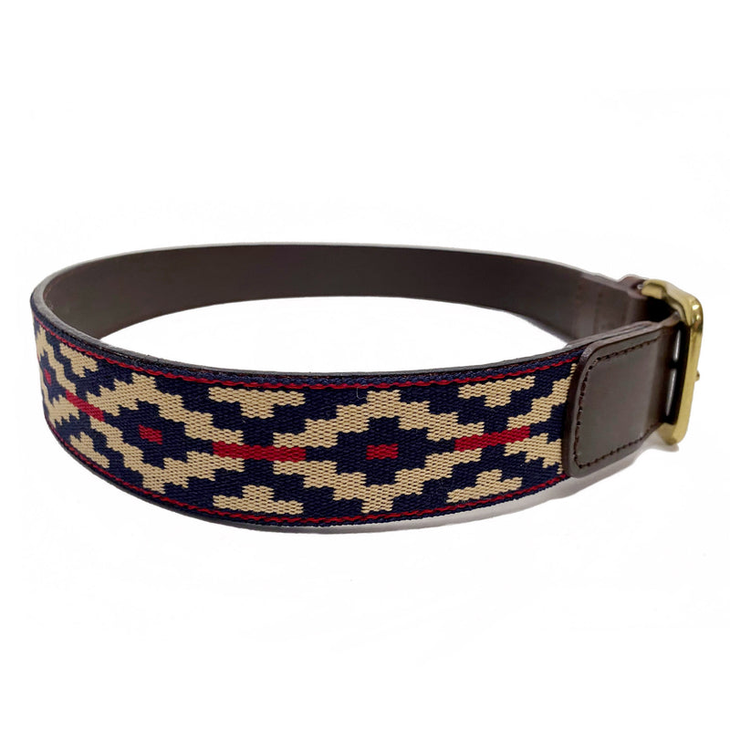 Stick & Ball Cinta Pampa Polo Belt featuring vegetable tanned leather, tri-color weave and solid brass buckle - side view with Argentine Gaucho pampa pattern
