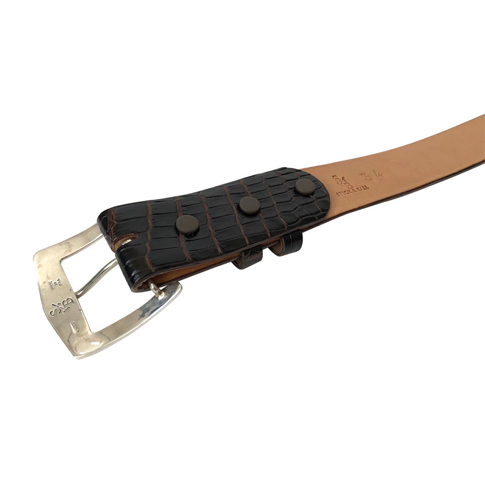 Stick & Ball unisex designer multi brown wide croc belt - interior view of sterling silver interchangeable buckle