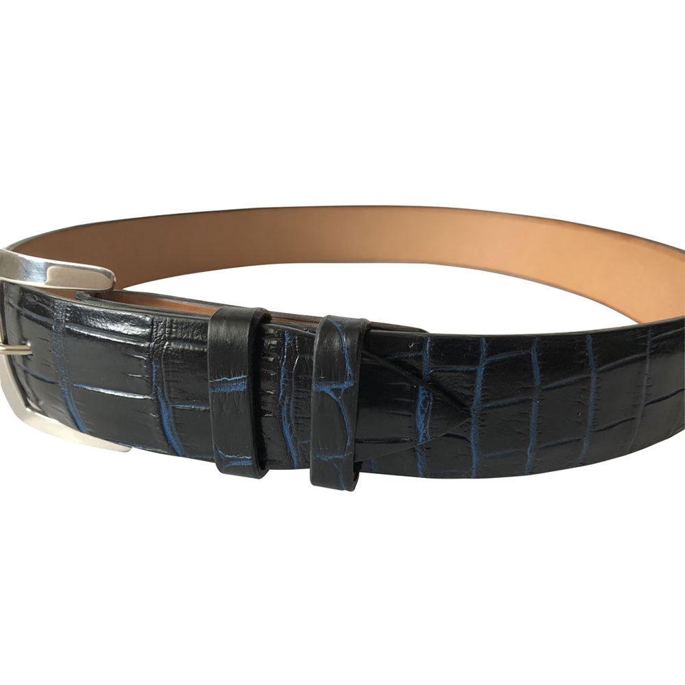 Stick & Ball Unisex Wide Multi Blue Croc Designer Belt -Side view of tongue