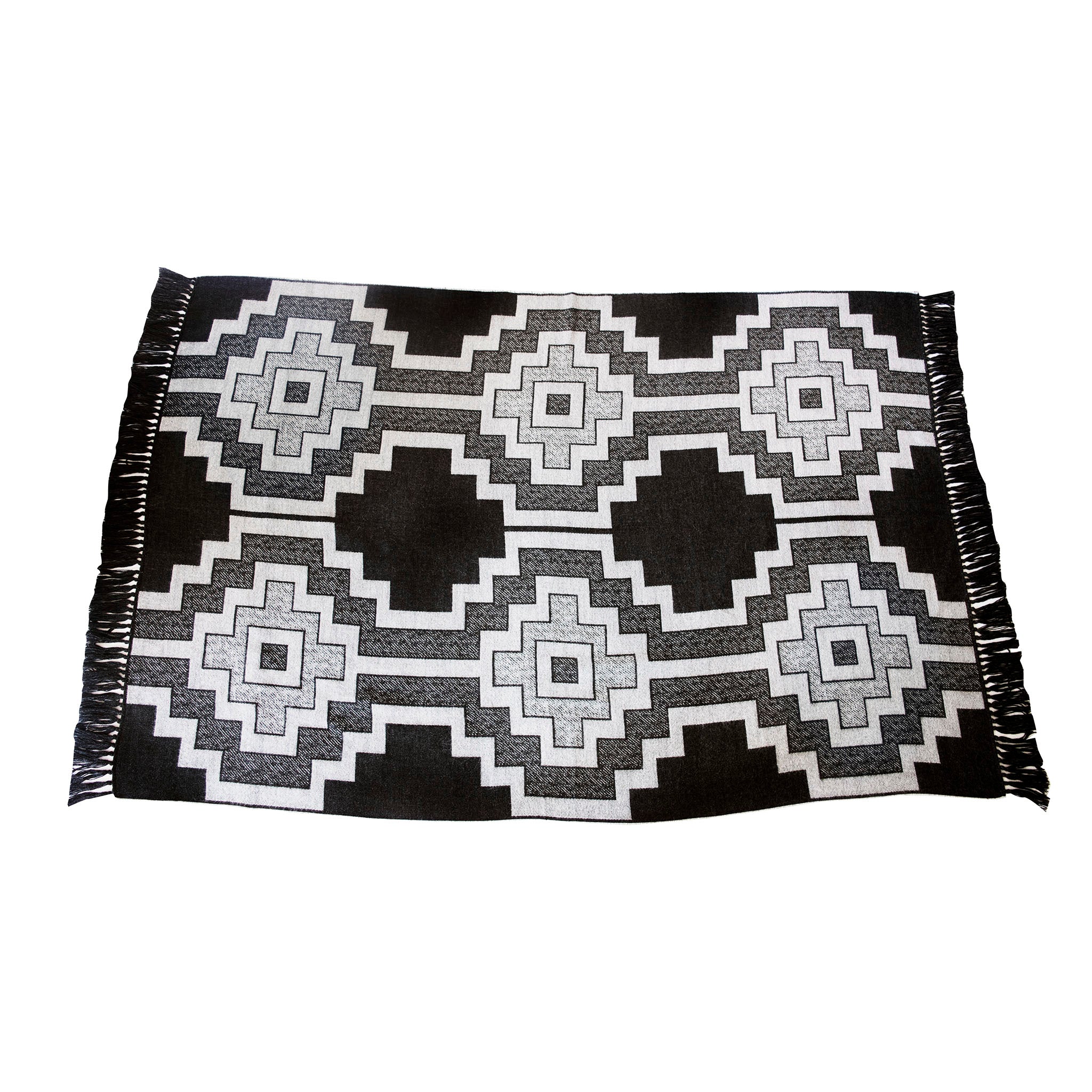  Jacquard-loomed Pampa Design Alpaca Throw Blanket, open, full size - Charcoal & Ecru - Stick & Ball 