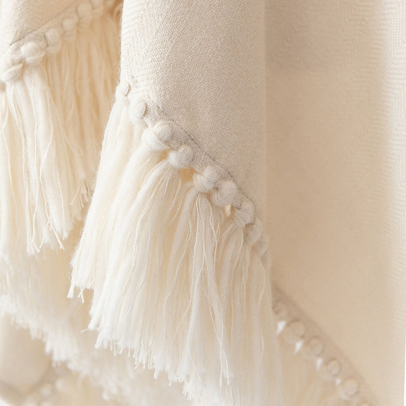 Herringbone hand-weave and hand-tied fringe from Cropped Fringe Alpaca Poncho - Winter White/Cream