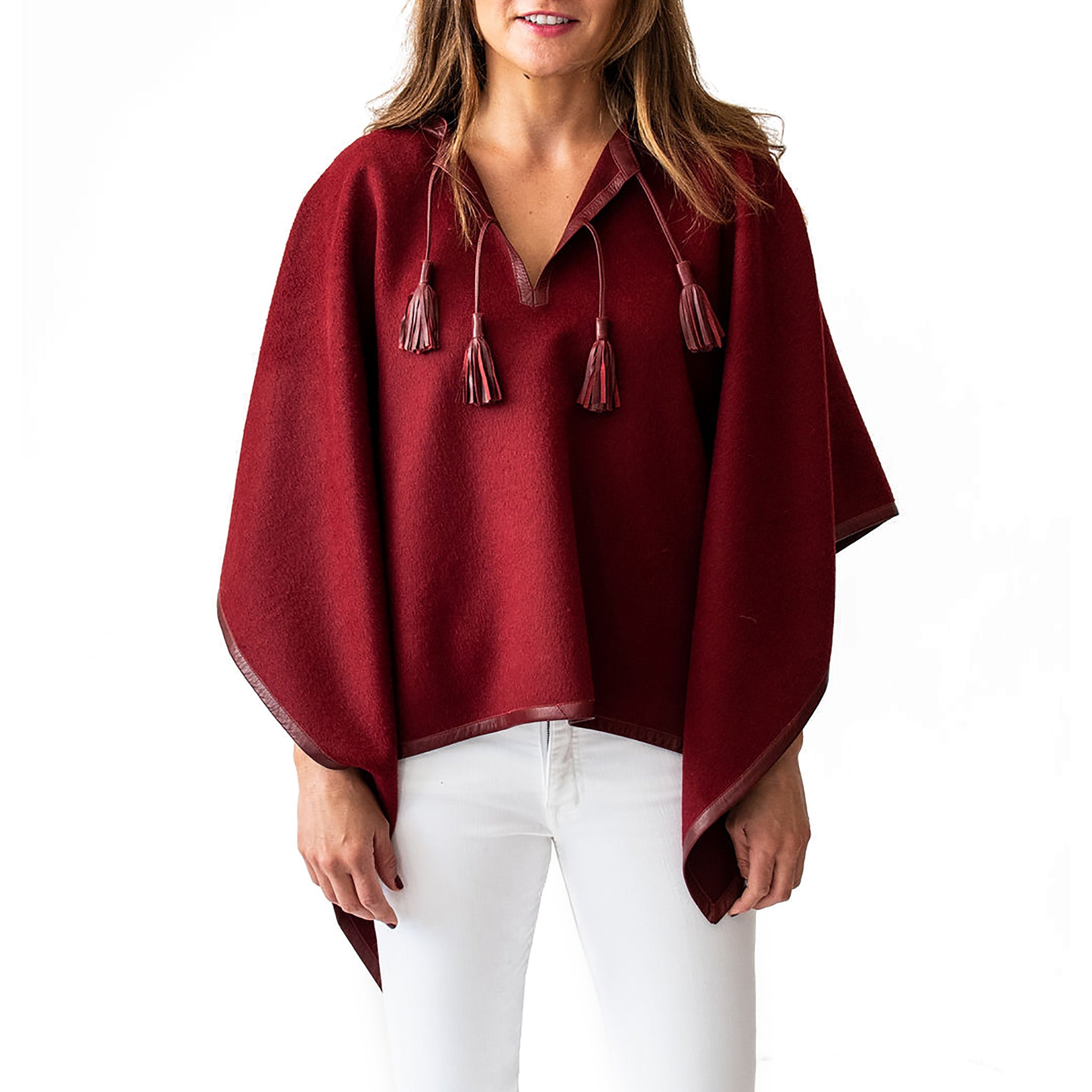 Stick & Ball-Leather Trim Tassel Alpaca Poncho-Apparel-