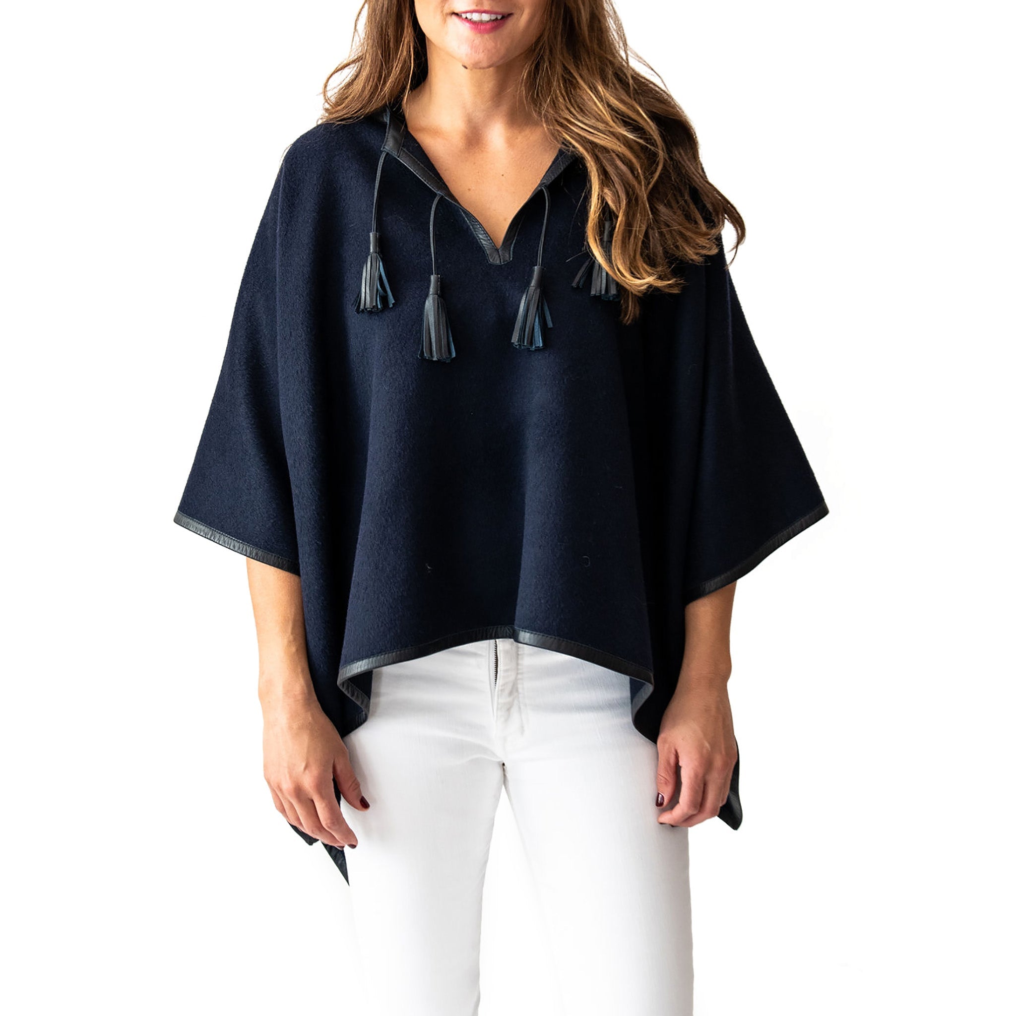 Stick & Ball-Leather Trim Tassel Alpaca Poncho-Apparel-