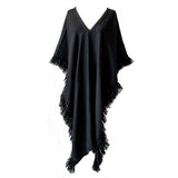 Handwoven Long Fringed Alpaca Poncho in Black - Stick & Ball 