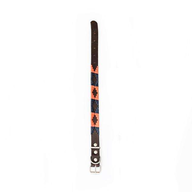Hand-stitched Argentine Pampa Dog Collar - Navy & Orange - Stick & Ball 
