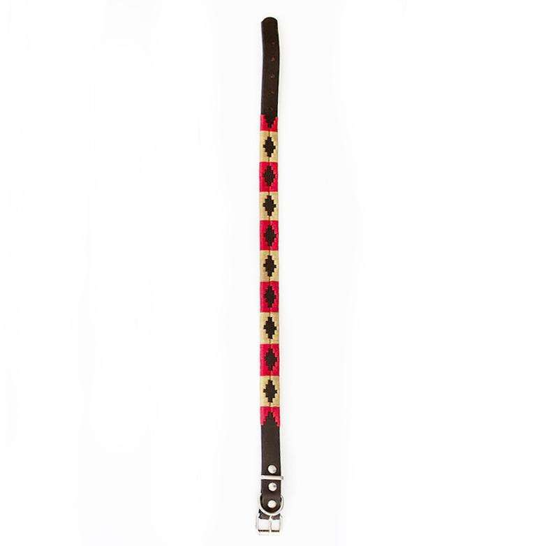 Hand-stitched Argentine Pampa Dog Collar - Red & Beige - Stick & Ball 