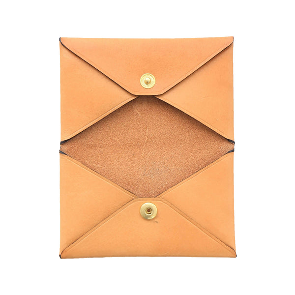 Handmade Vegetable-tanned Italian Leather Unisex Envelope Card Holder in Tan, opened - Stick & Ball