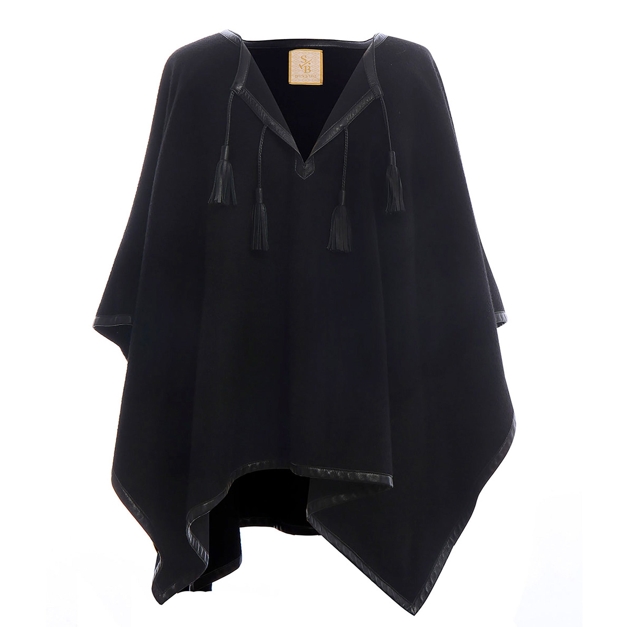 Italian Leather Trim Tassel Alpaca Poncho - Black - Stick & Ball  