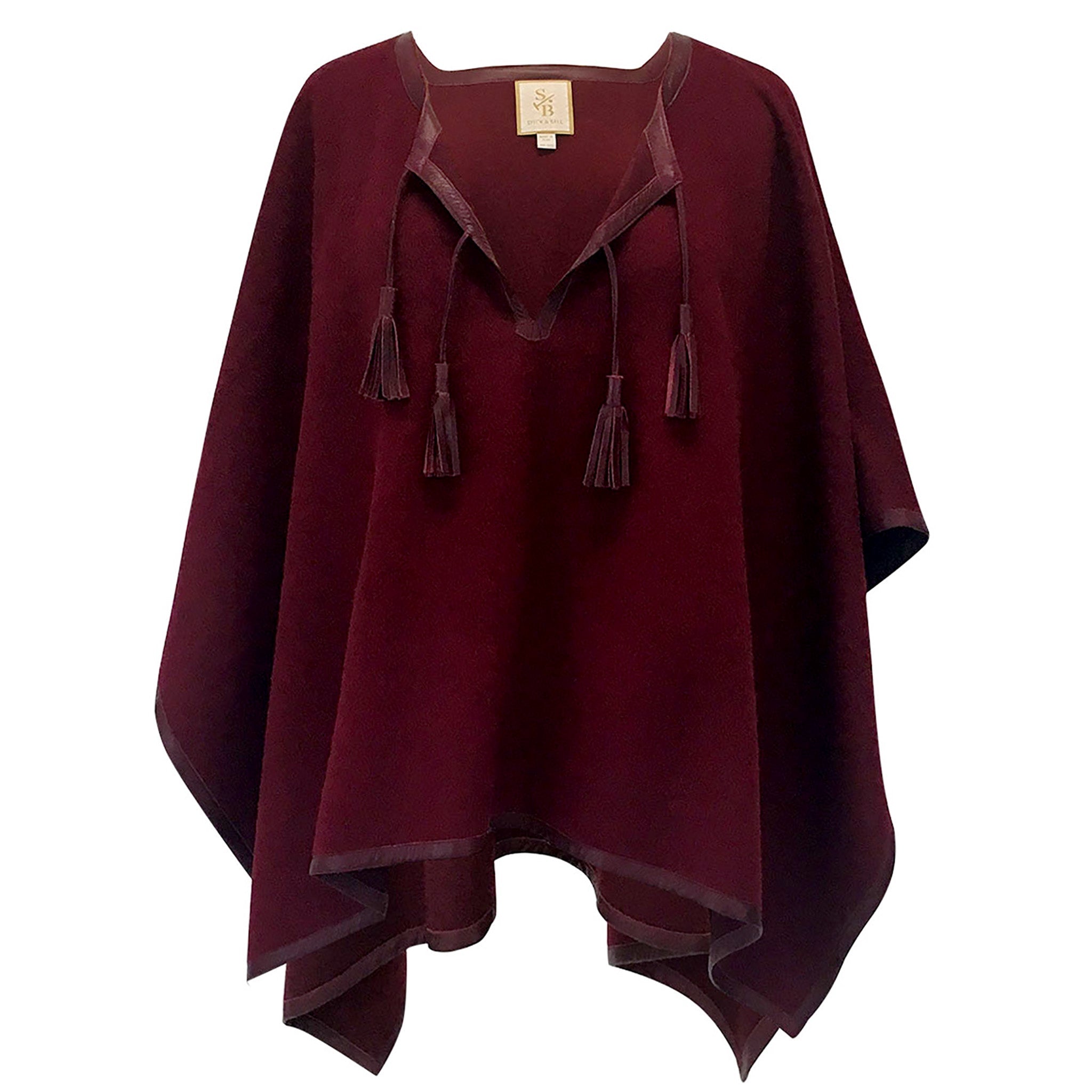 Stick & Ball-Leather Trim Tassel Alpaca Poncho-Apparel-Burgundy
