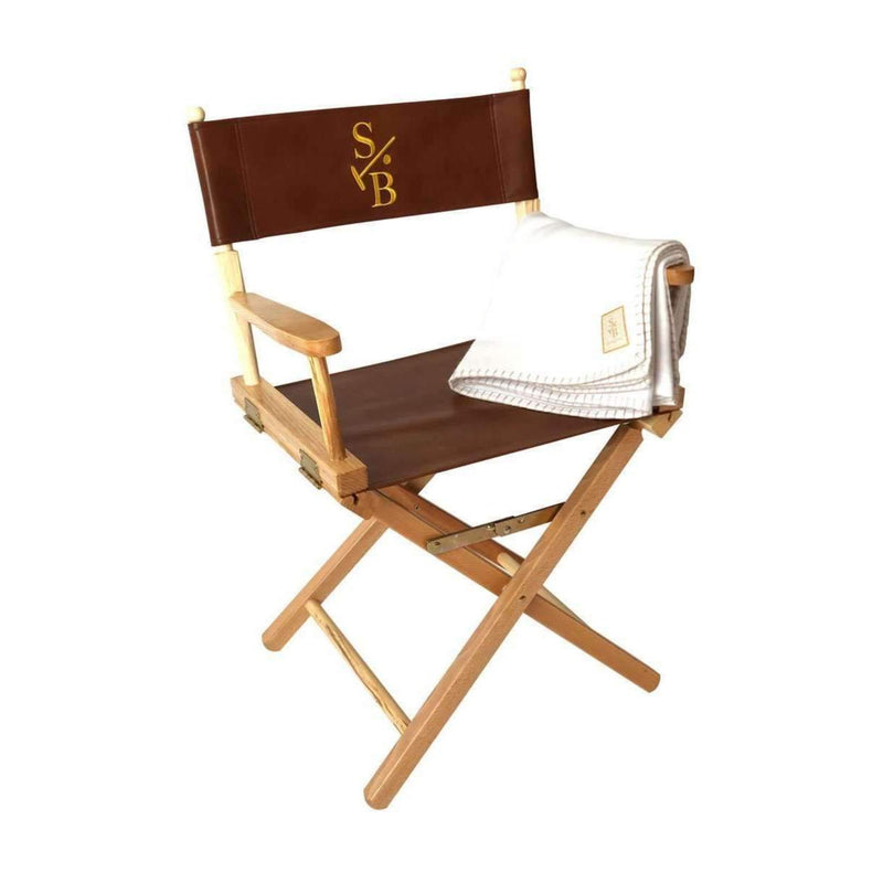 Director's Chair, with gold embroidered Stick & Ball Logo with Winter White Alpaca Throw Blanket