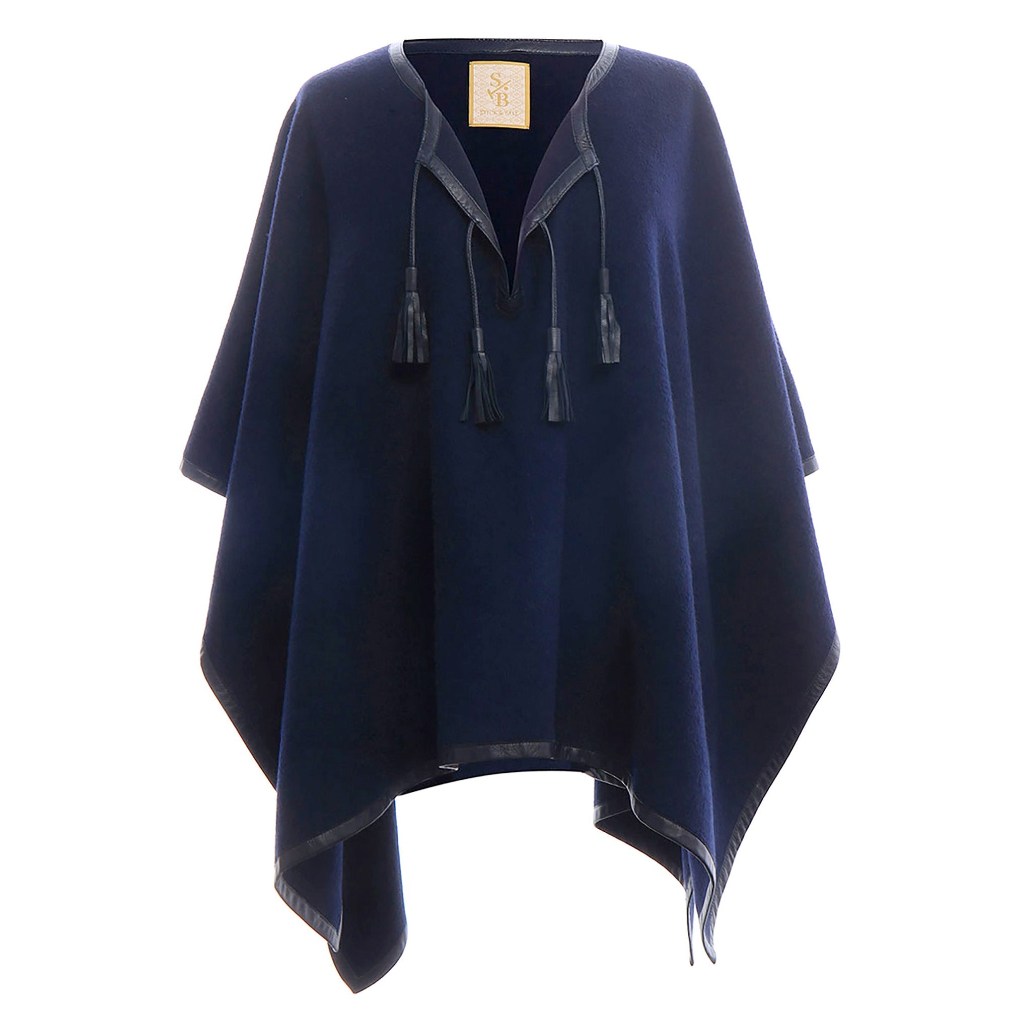 Stick & Ball-Leather Trim Tassel Alpaca Poncho-Apparel-Navy