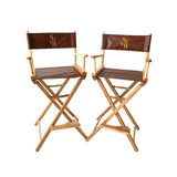 Two Bar Height Director's Chairs, leather with gold embroidered Stick & Ball Logo