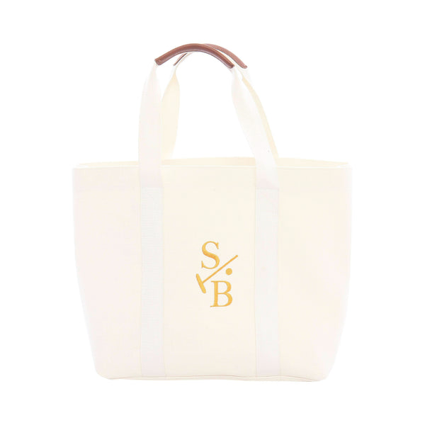 Cotton Canvas White Embroidered Tote with Stick & Ball Logo in Gold